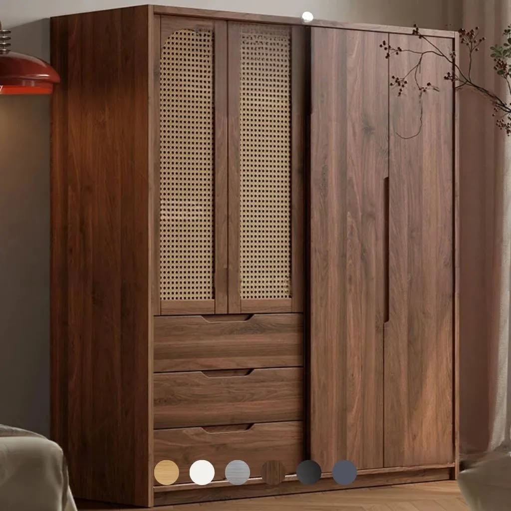 Tủ Quần Áo Gỗ MDF Phong Cách Indochine Phối Cánh Mây - Kết Hợp Ngăn Kéo