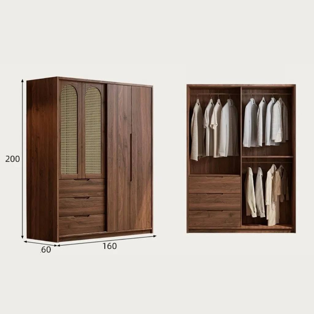 Tủ Quần Áo Gỗ MDF Phong Cách Indochine Phối Cánh Mây - Kết Hợp Ngăn Kéo_2