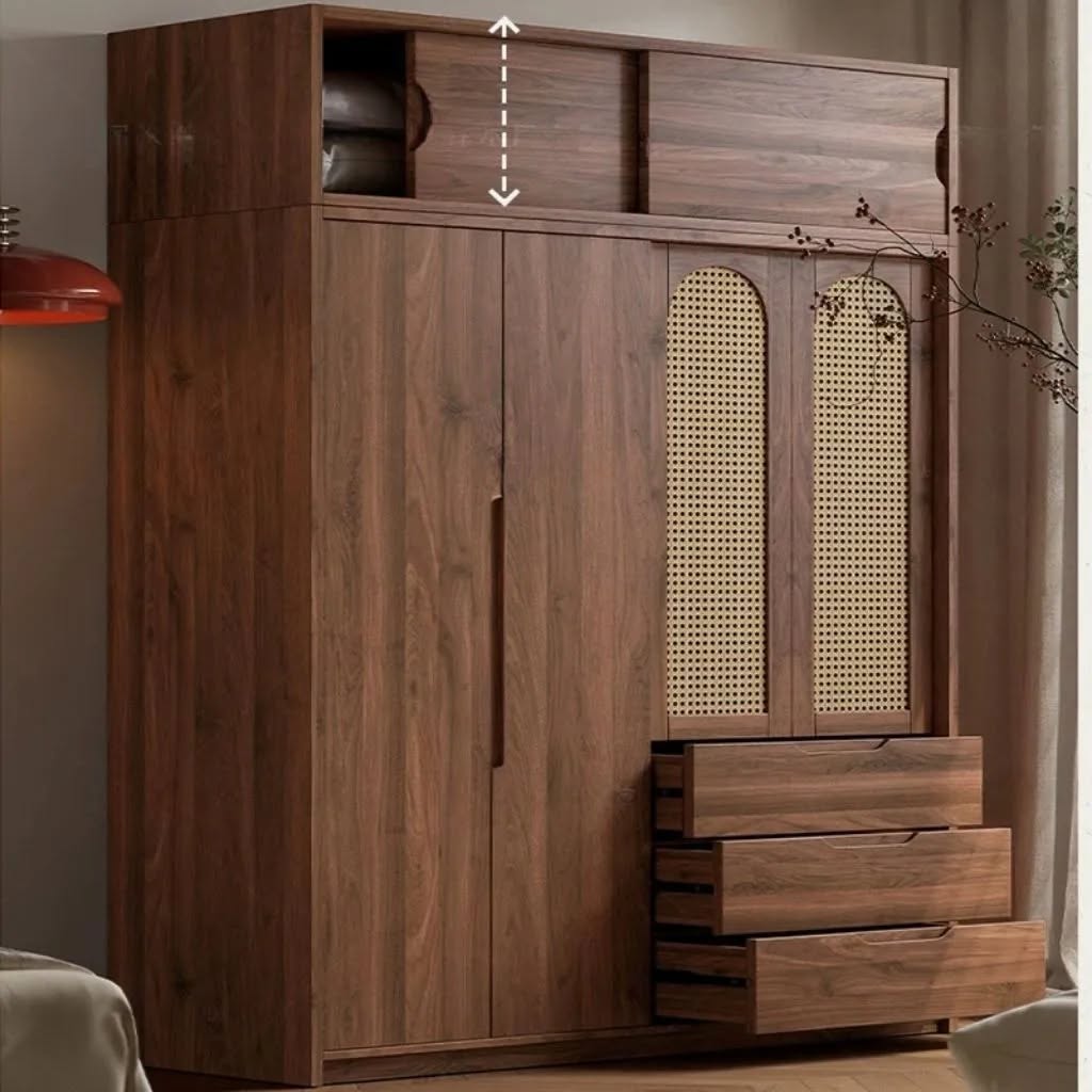Tủ Quần Áo Gỗ MDF Phong Cách Indochine Phối Cánh Mây - Kết Hợp Ngăn Kéo_3